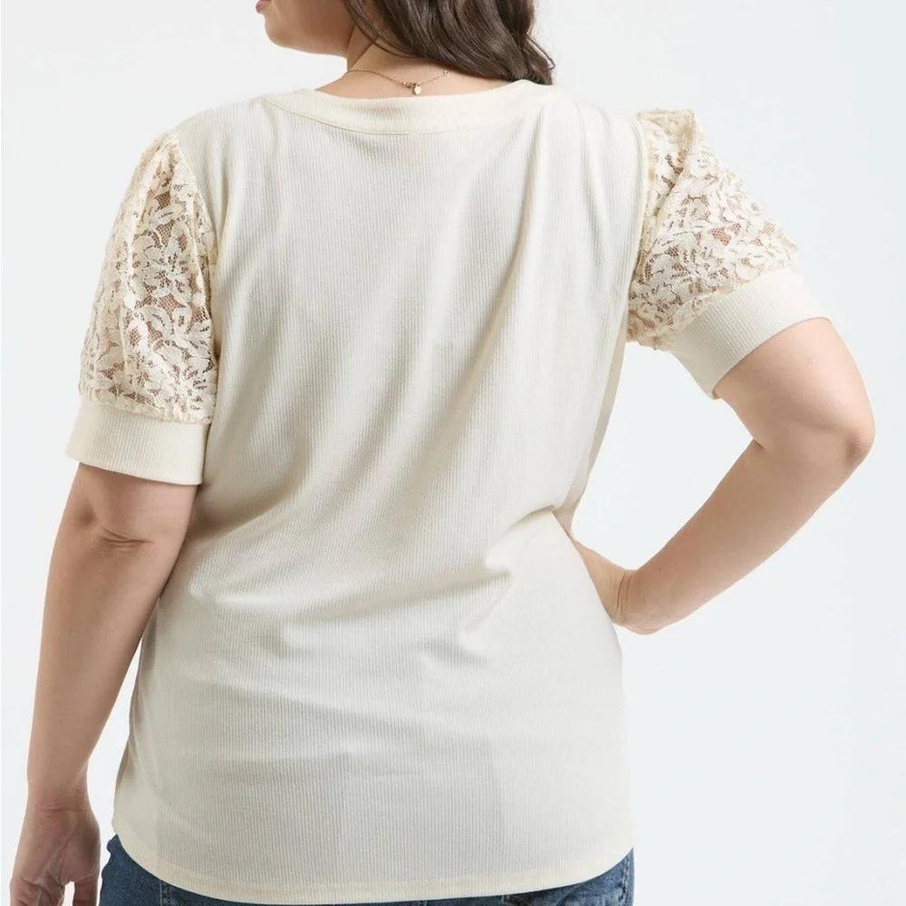 Plus size Lacey Puffy Sleeve Knit Top-Curvy Women size 1X, Perch lace flare